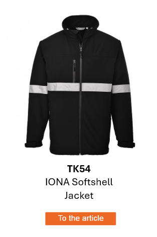 Image of the Waterproof Iona TK54 Softshell Jacket in black with reflective stripes. A link to the product page is provided.