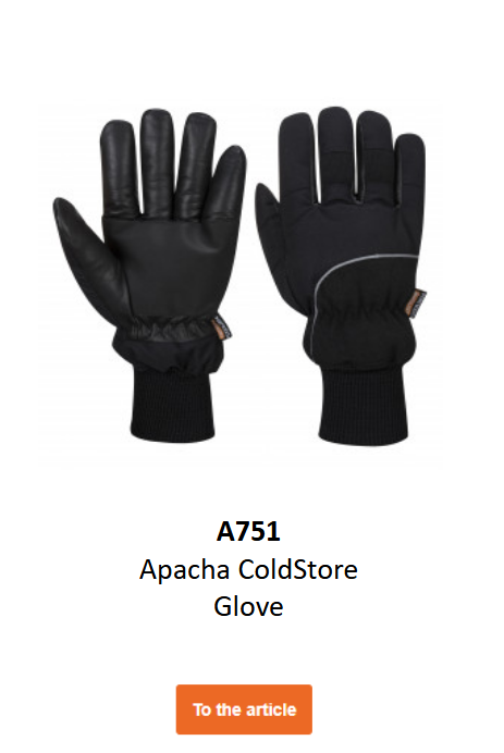 Image of Apacha cold protection glove in black. A link to the product page is included.