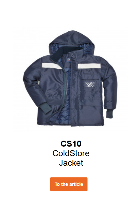 Image of cold storage jacket CS10 in blue with reflective strips. A link to the product page is included.