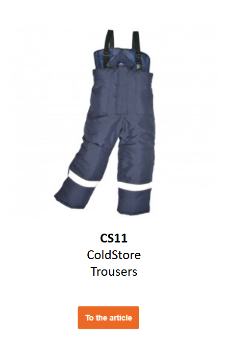 Image of cold storage pants CS11 in blue with reflective strips. A link to the product page is included.