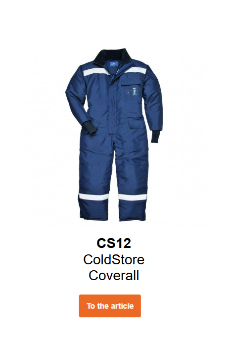 Image of cold storage overall in blue with reflective strips. A link leads to the product page.