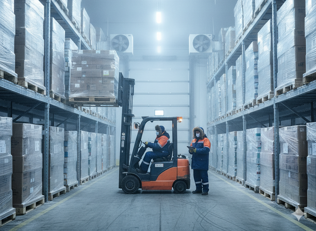 AI-generated image of two workers wearing blue and orange protective clothing working in a cold storage facility. One lifts a pallet of boxes onto a shelf with a forklift, the other holds a clipboard. There is a link to our cold storage protective clothing.