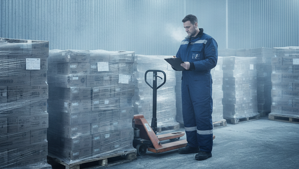 AI-generated image of a worker in dark blue workwear working in a cold storage facility. He is standing next to pallets loaded with foil-wrapped boxes and is taking notes on a clipboard.