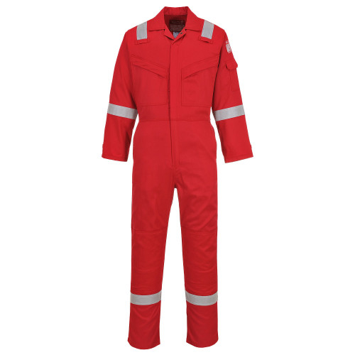 Flame-retardant, antistatic overall Bizflame 210g FR21 in red with a link to the article.