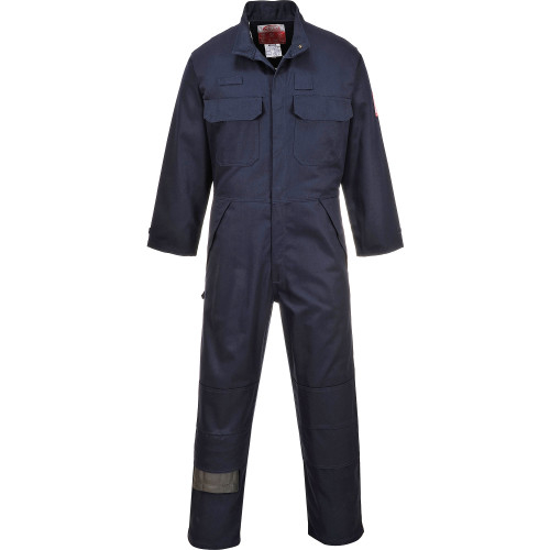 Flame-retardant, antistatic multi-norm work coverall Bizflame FR80 in blue with a link to the article.