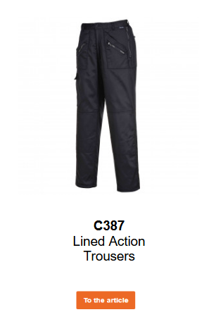 Image of the lined Action Trousers C387 in black. A link to the product page is included.