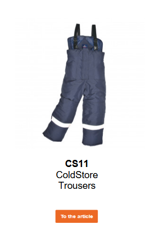 Image of the Freezer Trousers CS11 in blue with reflective bands. A link to the product page is included.