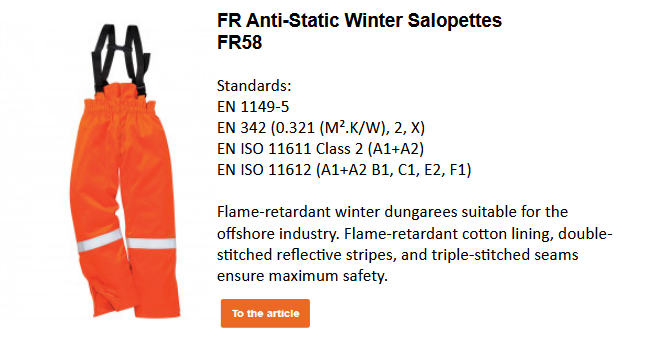 Image of the flame-resistant, antistatic Bizflame FR58 winter bib trousers in orange with black straps and reflective knee bands. A link to the product page is included.