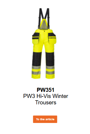 Image of the Hi-Vis Winter Trousers PW351 in yellow with reflective bands and blue details. A link to the product page is included.