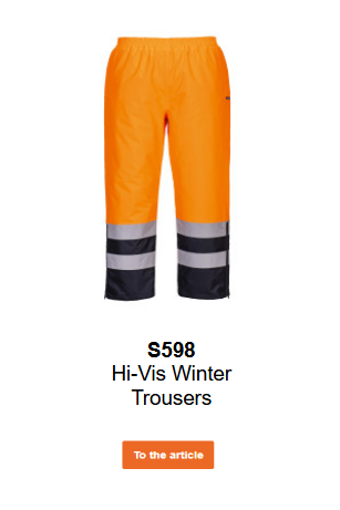 Image of the Hi-Vis Winter Trousers S598 in orange with reflective bands and blue details. A link to the product page is included.