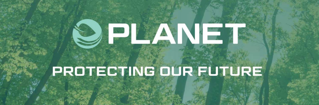 Forest with banner in transparent green and the inscription "PLANET - Protecting our future".