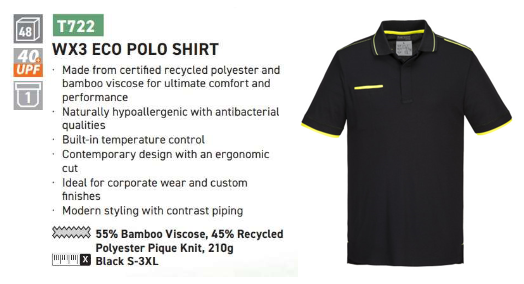 Sample image of the WX3 Eco polo shirt T722 in black with a link to the item and a brief summary of the product features.