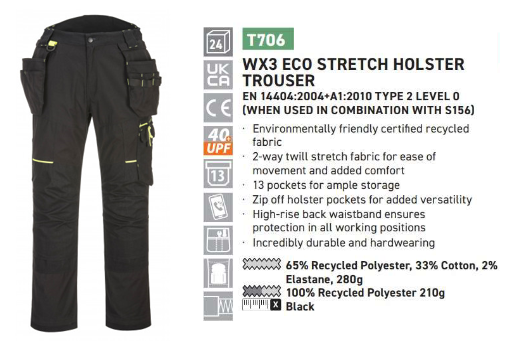 Sample image of the WX3 Eco Stretch trousers with holster pockets in black T706 with a link to the article and a brief summary of the product properties.