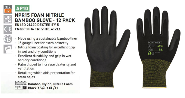 Sample image of the NPR15 nitrile foam bamboo gloves AP10 with a link to the article and a brief summary of the product properties.