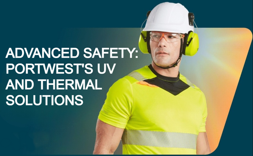 A worker wearing a white helmet, yellow ear protection, orange safety glasses and a yellow, short-sleeved T-shirt with black details and reflective stripes. To the left of the image there is white lettering: Advanced Security - Portwest's UV and Thermal Solutions. There is a link to our articles with UV protection.