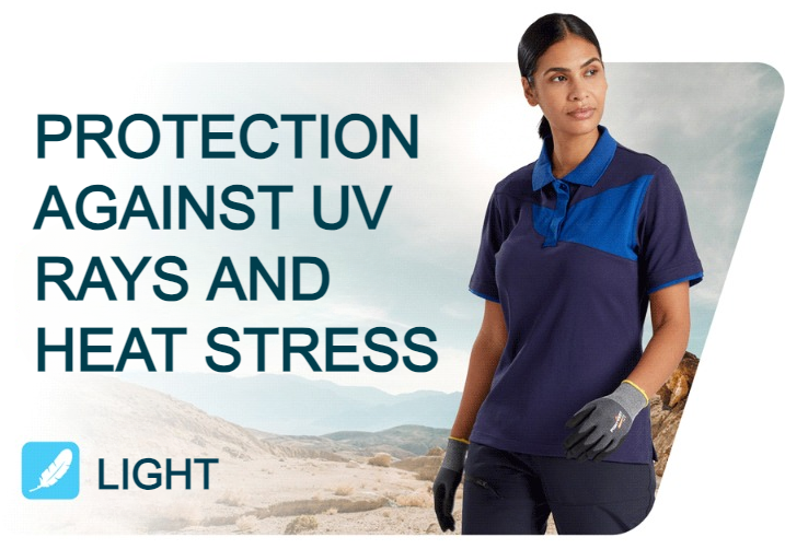 Banner with a barren mountain landscape in the background. In the right part of the picture there is a woman in blue, short-sleeved work clothes and gloves. In the right area of the image it says “Protection against UV rays and heat stress” in blue letters.