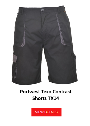 Picture of the Portwest Texo contrast shorts TX14 in black with a link to the article.