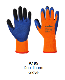 Image of the Duo-Therm Gloves A185 in orange with blue palms, black fingertips and red cuff. The link leads to the product page.