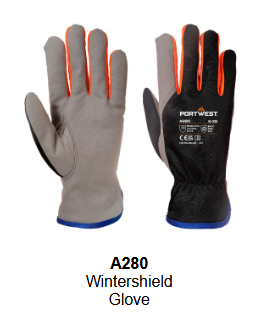 Image of the Wintershield Gloves A280 in grey with black palms, blue cuff and orange details. The link leads to the product page.