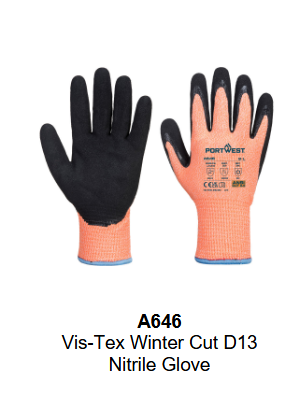 Image of the Vis-Tex Winter Nitrile Cut Resistant Gloves A646 in orange with black details and blue cuff. The link leads to the product page.