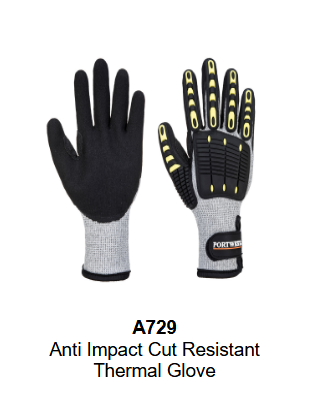 Image of the Anti Cut Winter Impact Protection Gloves A729 in grey with black and yellow details. The link leads to the product page.