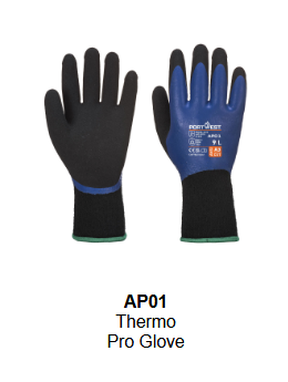 Image of the Thermo Pro Glove AP01 in black with blue details and green cuff. The link leads to the product page.