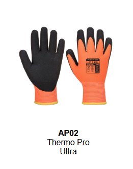 Image of the Thermo Pro Ultra Glove AP02 in orange with yellow cuff and black details. The link leads to the product page.