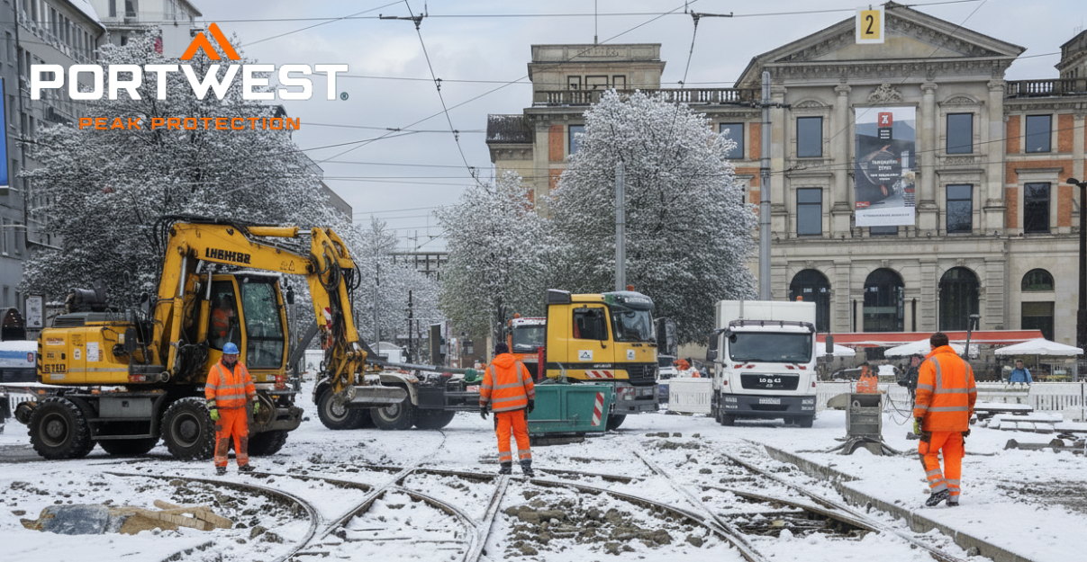 Construction workers in orange high-visibility clothing work on a snowy road construction site with excavators, trucks, and rails; historic buildings are visible in the background – the Portwest logo for occupational safety is visible.