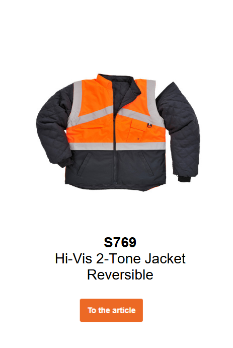 Image of the two-tone high-visibility reversible jacket S769 in orange and black with reflective strips.
