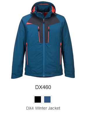 Winter jacket DX460 in blue with orange-black details and a link to the article.