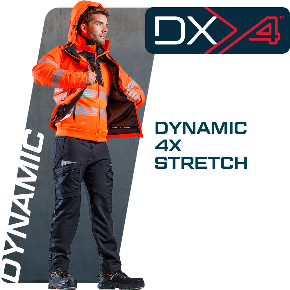 Male model with a beard and brown short haircut in workwear from the DX4 collection. There are letterings draped around the outside that advertise the DX4 collection and the link provided leads to the entire DX4 collection.