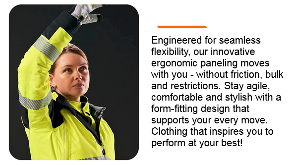 Picture of a woman in high-visibility yellow workwear with gloves, raising her right arm above her head. Next to the image is an information text about the ergonomics of the PW3™ collection. There is a link that leads to the PW3™ collection.