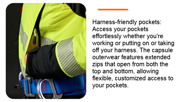 A worker wears a yellow and black work jacket with reflective stripes and a climbing harness. The jacket has harness-friendly pockets with extended zippers for flexible access. Next to the image is an information text about harness-friendly pockets. There is a link to the PW3™ collection.