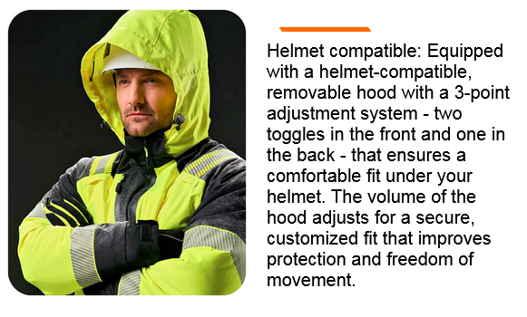 A man with a beard wears a yellow and black work jacket with reflective elements and a hood. The hood is helmet-compatible, removable and has a 3-point adjustment system for optimal fit. Next to the image is a text about the helmet compatibility of the PW3™ collection. There is a link to the PW3™ collection.