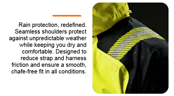 Close-up of a yellow and black work jacket with water drops on the surface. The material is waterproof and the seamless shoulders reduce friction for more comfort and protection in bad weather. There is a link that leads to the PW3™ collection.
