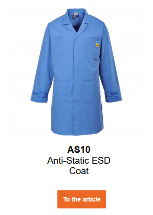 Image of the AS10 Antistatic Coat in blue. A link to the article is provided.