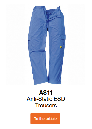 Image of the AS11 Antistatic ESD Trousers in blue. A link to the article is provided.