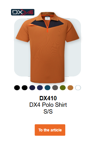 Image of the DX4 Polo Shirt S/S DX410 in rust brown. A link to the article is provided.