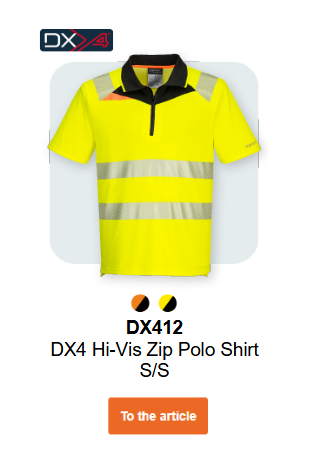 Image of the DX4 Hi-Vis Short-Sleeve Zip-Front Polo Shirt DX412 in yellow with reflective stripes and black and yellow details. A link to the article is provided.