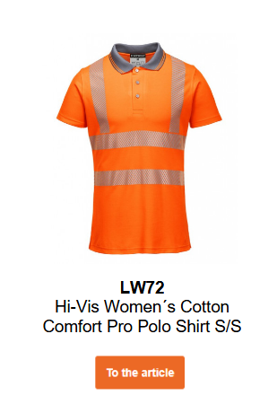 Image of the Women's Pro Hi-Vis Polo Shirt LW72 in orange with reflective stripes and a gray collar. A link to the article is provided.
