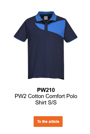 Image of the PW2 Cotton Comfort Polo Shirt S/S PW210 in blue/royal. A link to the article is provided.