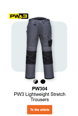 Image of the PW3 Stretch Trousers PW304 in gray with black details. A link to the article is provided.