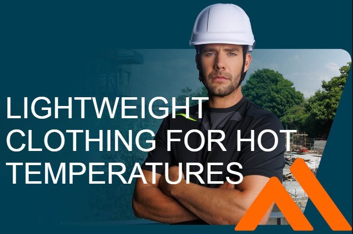 A construction worker wearing a white hard hat and a black, lightweight functional shirt stands with his arms crossed in front of a summer construction site. On the left of the image, the caption "Lightweight solutions against the heat" is written in bold white lettering. In the lower right corner is an orange logo with two stylized "A" shapes.