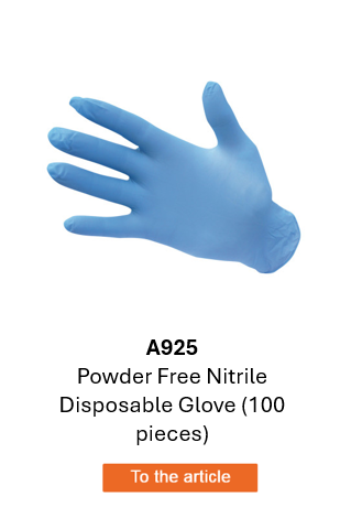 Image of the Nitrile Disposable Glove A925 in blue. A link to the product page is included.