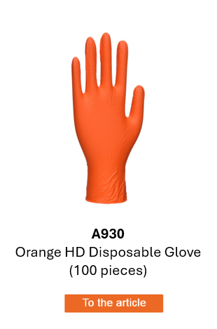 Image of the Orange HD Disposable Glove A930 in orange. A link to the product page is included.