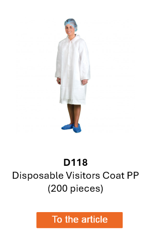 Image of the disposable visitor coat PP D118 in white. A link to the product page is included.
