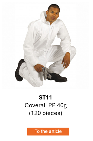 Image of the PP 40g Coverall ST11 in white. A link to the product page is included.