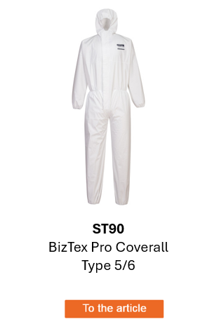Image of the BizTex Pro Protective Suit Type 5/6 ST90 in white. A link to the product page is included.