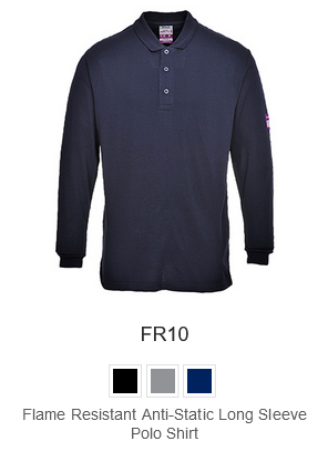 Sample image of the FR10 flame-retardant, antistatic long-sleeved polo shirt in gray with a linked link to the item.