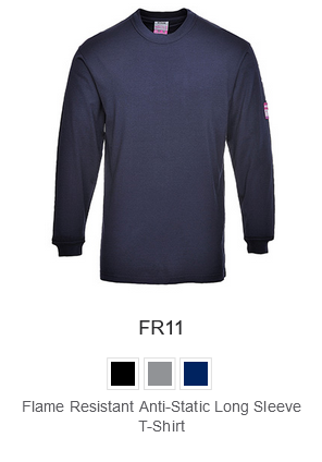 Sample image of the FR11 flame-retardant, antistatic long-sleeved T-shirt in gray with a link to the item.